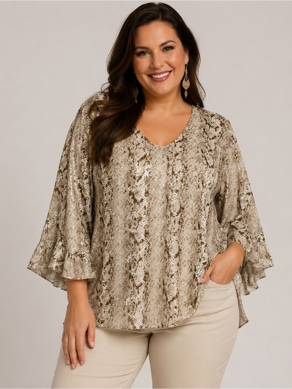 Perfectly Priscilla Snake Print Blouse Beige Brown Metallic Ruffle Bell Sleeve